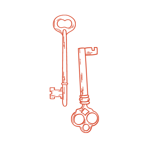 Red illustration of two skeleton keys, side-by-side. These represent the keywords necessary to improve SEO and rank on Google.