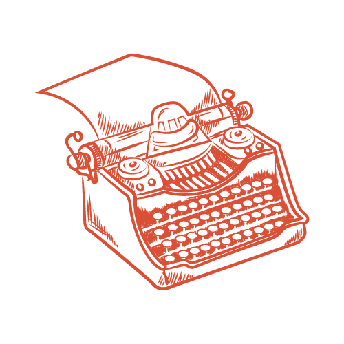 Red illustration of a typewriter. This icon represents content writing, website copy, editorial creation, and other forms of written content.